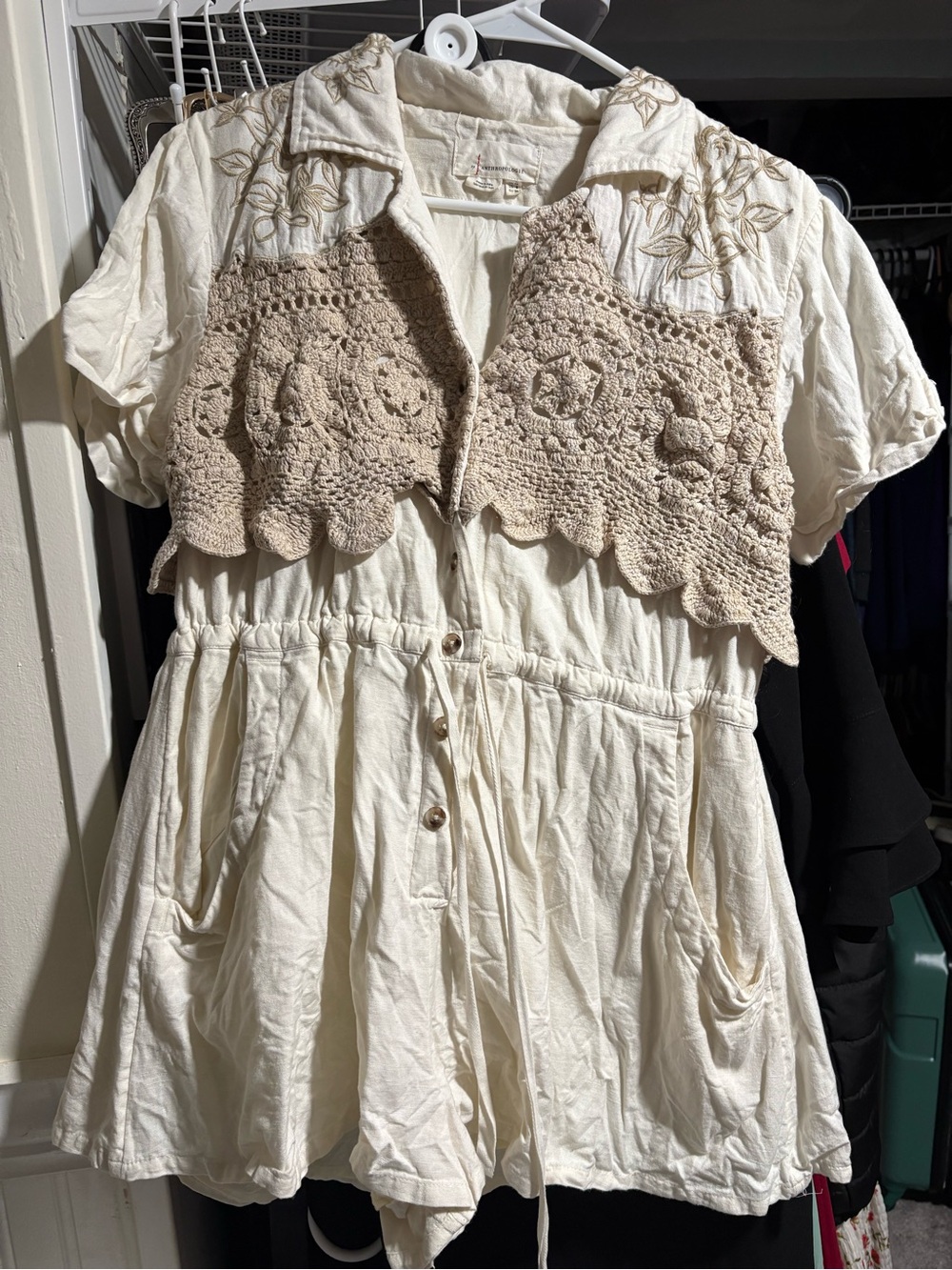 Anthropologie Cream Dress with Beige Crochet Overlay